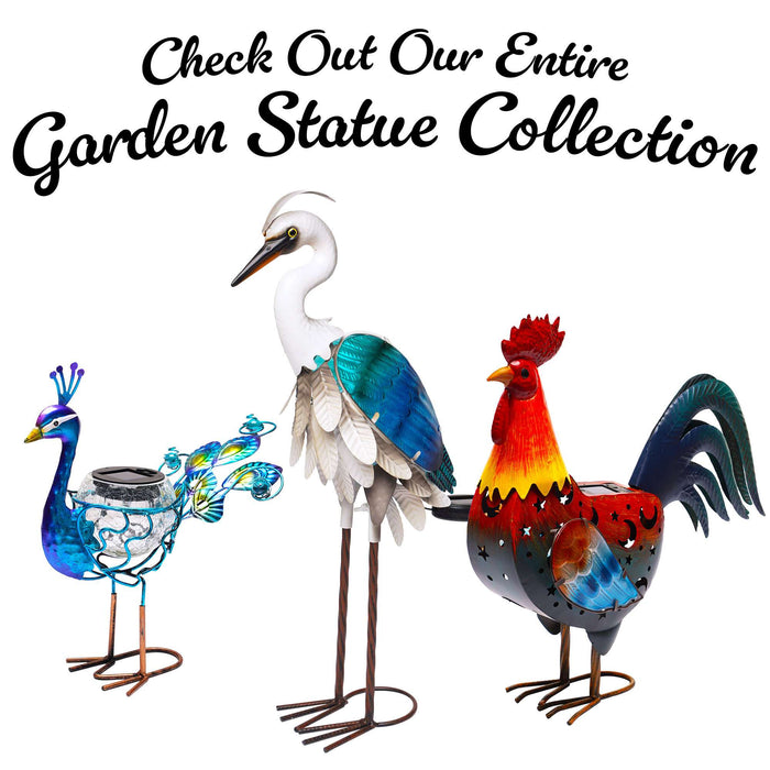 G128 Solar Metal Heron Garden Statue | 24 in Coastal Ocean Bird Outdoor Decor with LED Lights, Colorful Yard Art for Lawn Patio Backyard