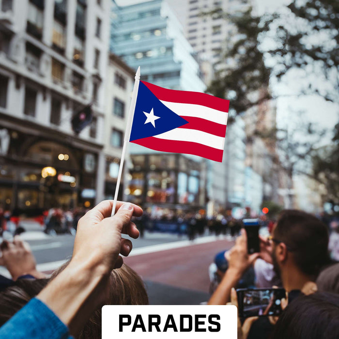 G128 50 Pack Handheld Puerto Rico Puerto Rican Stick Flags | 4x6 In | Printed 150D Polyester, Country Flag, Solid Plastic Stick, Spear White Tip
