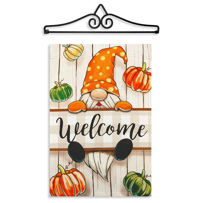 G128 Combo Pack Garden Flag Hanger 14IN & Garden Flag Autumn Welcome Gnome Printed 12x18IN Double Sided