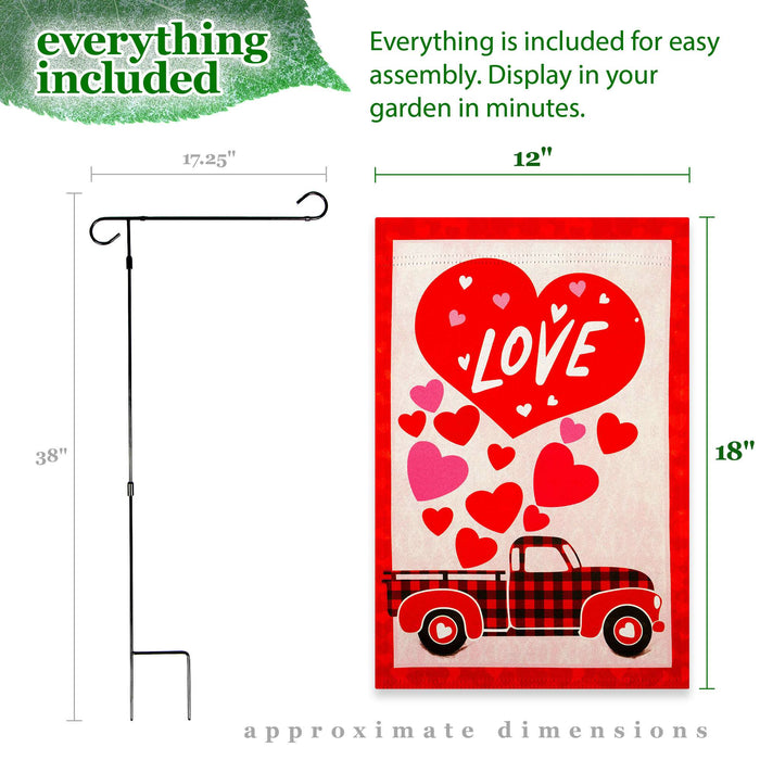 G128 Combo Pack: Garden Flag Stand 36x16IN & Garden Flag Happy Valentine's Day Love Truck Printed 12x18IN Double Sided