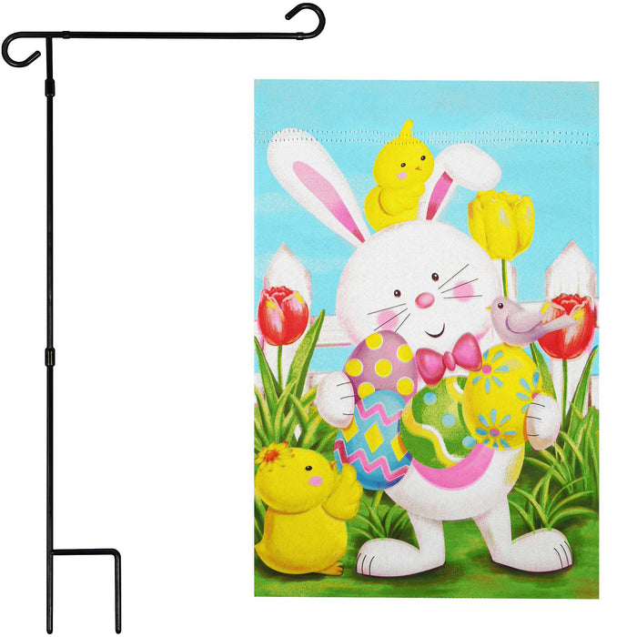G128 Combo Pack: Garden Flag Stand 36x16IN & Garden Flag Happy Easter White Bunny with Easter Eggs Printed 12x18IN Double Sided