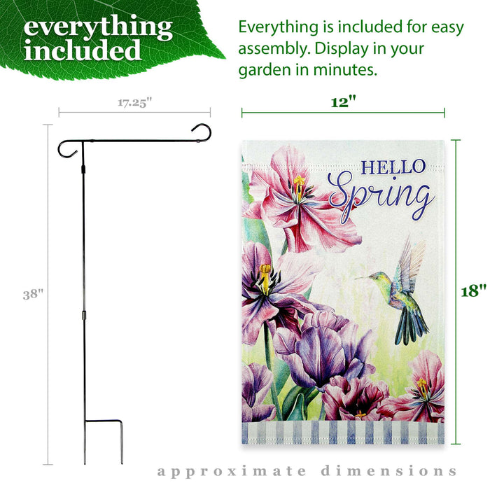 G128 Combo Pack: Garden Flag Stand 36x16IN & Garden Flag Hello Spring Hummingbird Flowers Printed 12x18IN Double Sided
