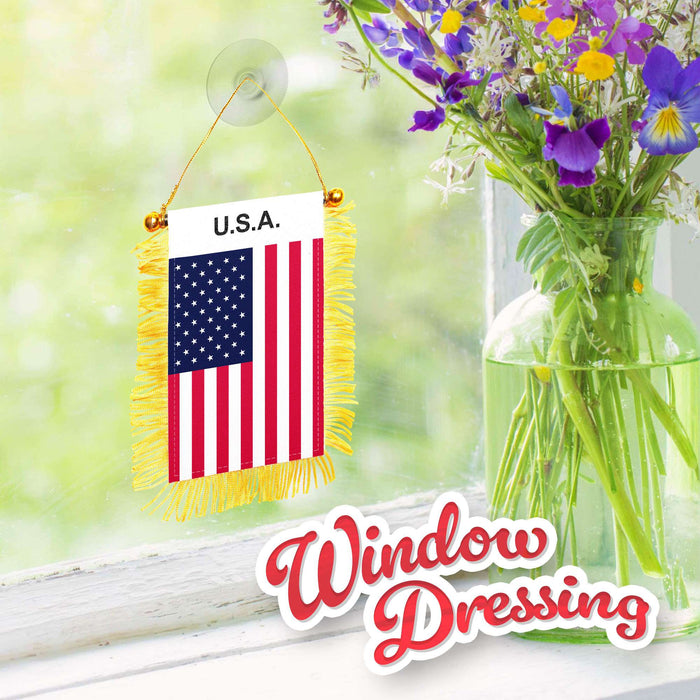 G128 USA American Fringy Flag | Fringy Hanging Double Sided Flag with Suction Cup, Window and Car Rearview Mirror Decor