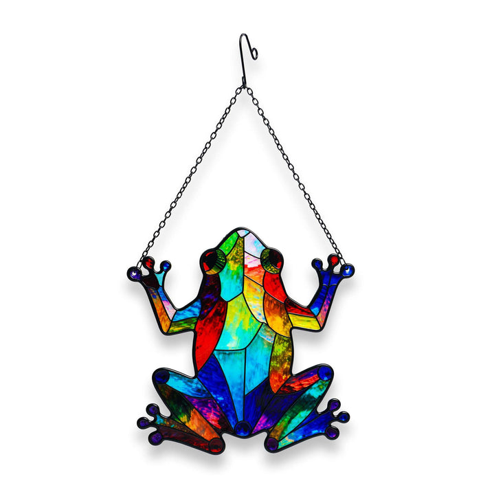 G128 tree frog stained glass suncatcher window hanging ornament with metal frame, 10 inch nominal size