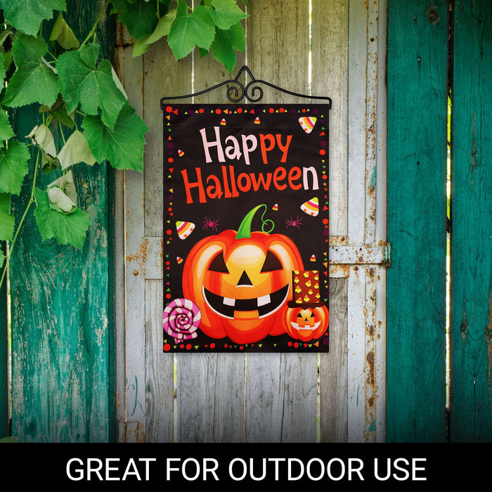 G128 12x18IN Happy Halloween Pumpkin Candy Garden Flag with 14IN Hanger