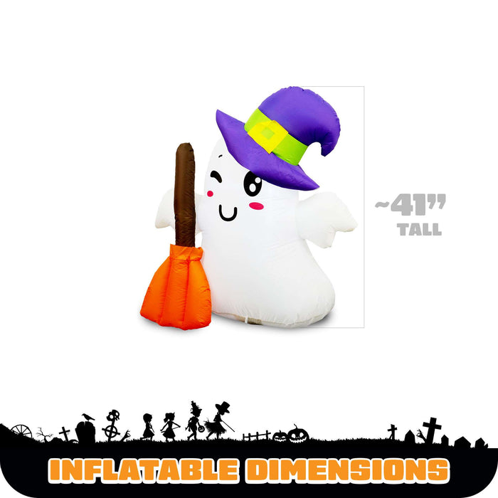 G128 3.5FT inflatable Halloween ghost in a witch hat holding a broom, glowing on a front porch