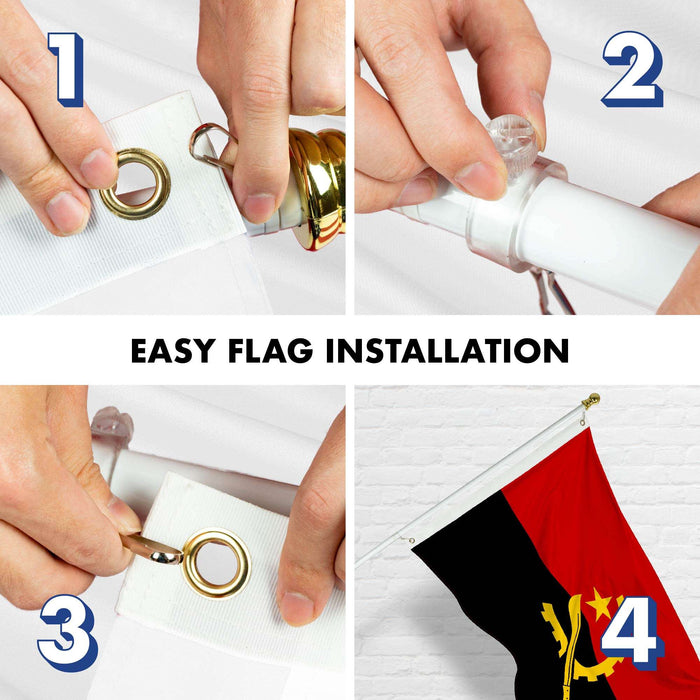 G128 Combo Pack: 6 Ft Twist Free Aluminum Spinning Flagpole (White) & Angola Flag | 3x5 Ft | LiteWeave Pro Series Printed 150D Polyester | Pole with Flag Included