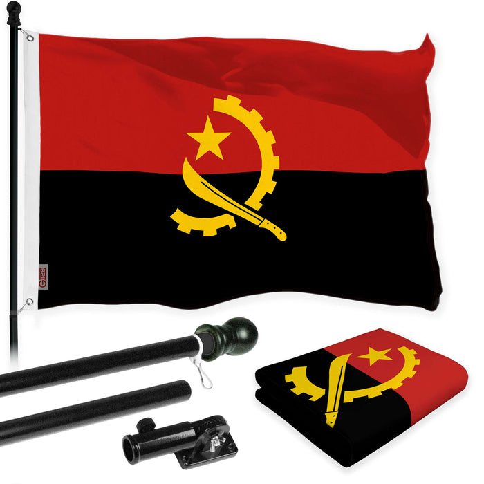 G128 Combo Pack: 6 Ft Twist Free Aluminum Spinning Flagpole (Black) & Angola Flag | 3x5 Ft | LiteWeave Pro Series Printed 150D Polyester | Pole with Flag Included