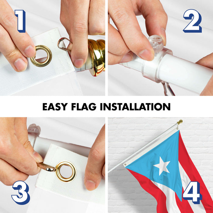 G128 Combo Pack: 5 Ft Twist Free Aluminum Spinning Flagpole (White) & Puerto Rico Light Blue PR Flag | 2x3 Ft | LiteWeave Pro Series Printed 150D Polyester | Pole with Flag Included