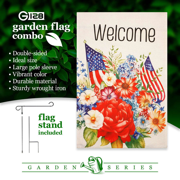G128 Combo Pack Garden Flag Stand Black 36x16IN & Garden Flag Welcome  Flowers Printed 12x18IN Double Sided Yard Garden Lawn Decoration