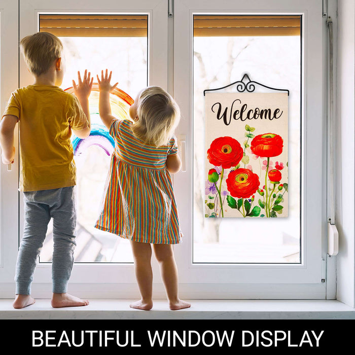 G128 Combo Pack Garden Flag Hanger 14IN & Garden Flag Spring Welcome Red Orange Flowers Printed 12x18IN Double Sided Yard Garden Lawn Decoration