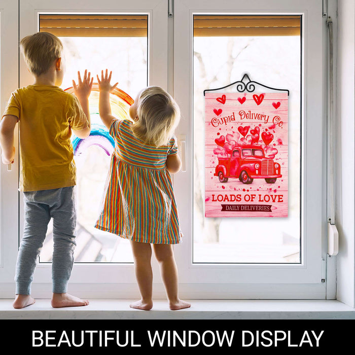 G128 Combo Pack Garden Flag Hanger 14IN & Garden Flag Valentine's Day Cupid Delivery Truck Printed 12x18IN Double Sided Yard Garden Lawn Decoration