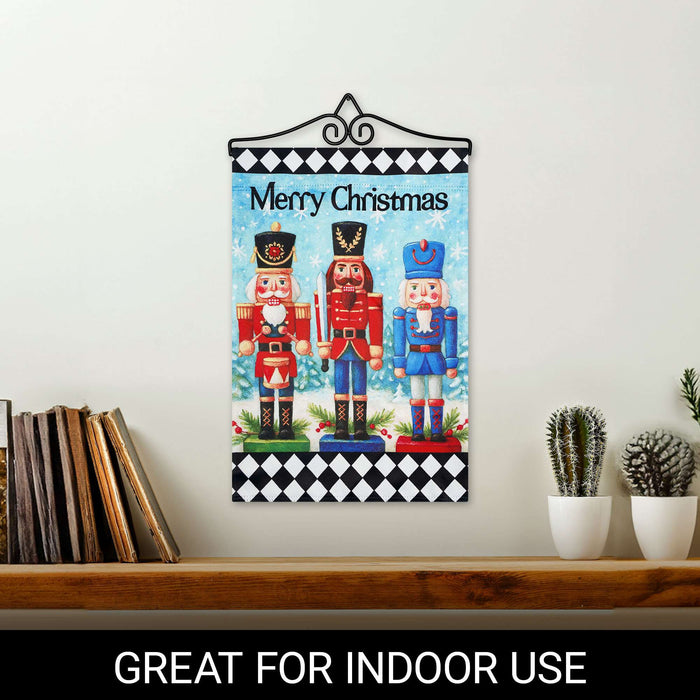 G128 12x18IN Merry Christmas Three Nutcrackers Garden Flag with 14IN Hanger