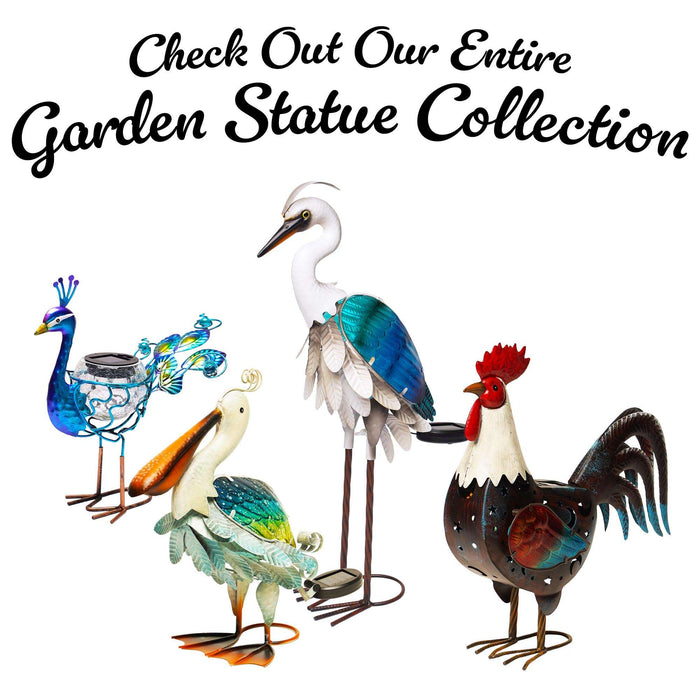 G128 Solar Metal Pelican Garden Statue | 17 Inch Coastal Ocean Bird Yard Art with Colorful Wings and Solar-Powered Light for Lawn, Patio, and Backyard