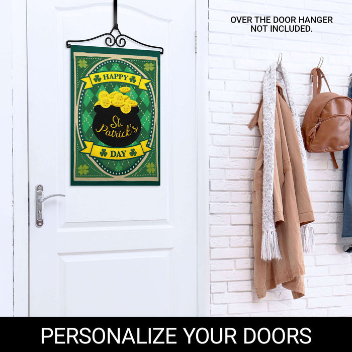 G128 Combo Pack Garden Flag Hanger 14IN & Garden Flag Happy St. Patrick's Day Pot Gold Printed 12x18IN Double Sided
