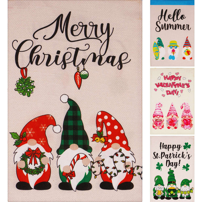 G128 set of 4 christmas, summer, valentine's gnomes garden flags, 12x18 inch