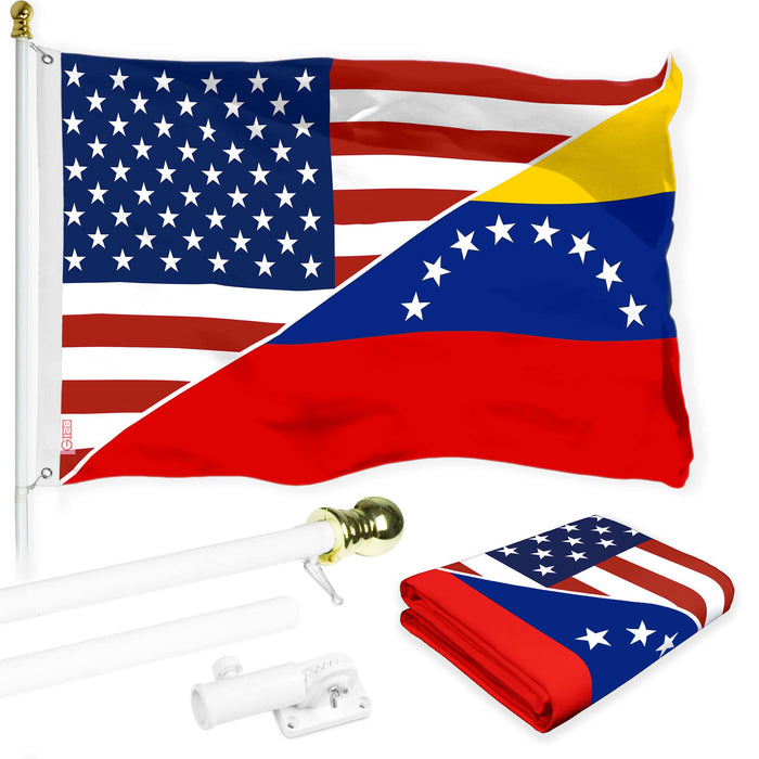 G128 Combo Pack: 6 Ft Tangle Free Aluminum Spinning Flagpole (White) & Venezuela 8 Stars USA Friendship Flag | 3x5 Ft |LiteWeave Pro Series Printed 150D Polyester | Pole with Flag Included