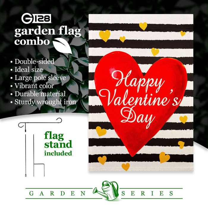 G128 Combo Pack: Garden Flag Stand 36x16IN & Garden Flag Happy Valentine's Day Striped Heart Printed 12x18IN Double Sided