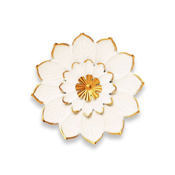 G128 9 IN White and Gold Metal Flower Wall Art | Elegant Floral Wall Hanging Decor for Indoor Living Room Bedroom Office Outdoor Garden Patio Yard