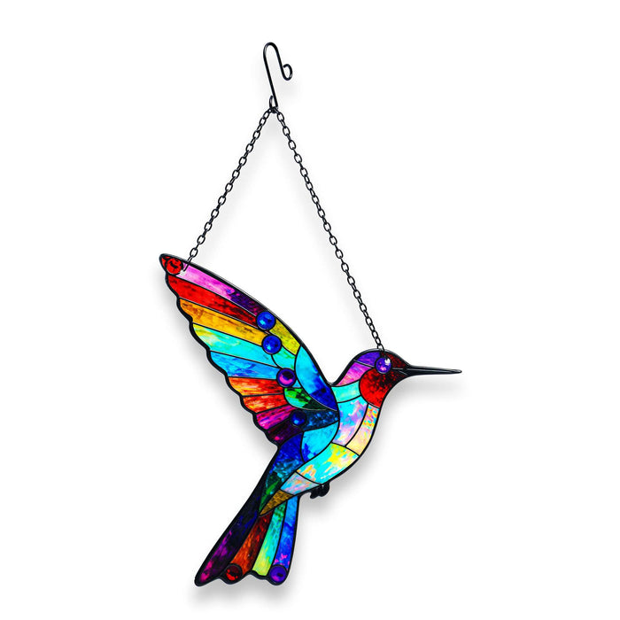 G128 hummingbird stained glass suncatcher window hanging ornament with metal frame, 10 inch nominal size