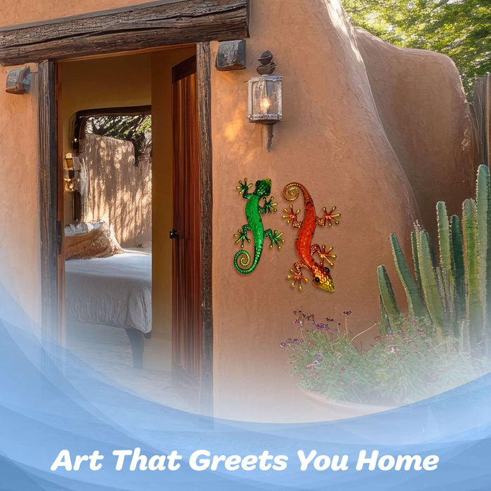 G128 Lizard Gecko Metal Wall Art Set | Green Orange Gecko Lizard Metal Indoor Outdoor Wall Art Hanging Decor for Bedroom, Living Room, Garden, Patio