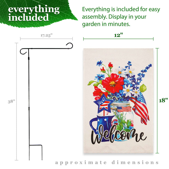 G128 Combo Pack Garden Flag Stand Black 36x16IN & Garden Flag Welcome Patriotic Mason Jar Printed 12x18IN Double Sided Yard Garden Lawn Decoration