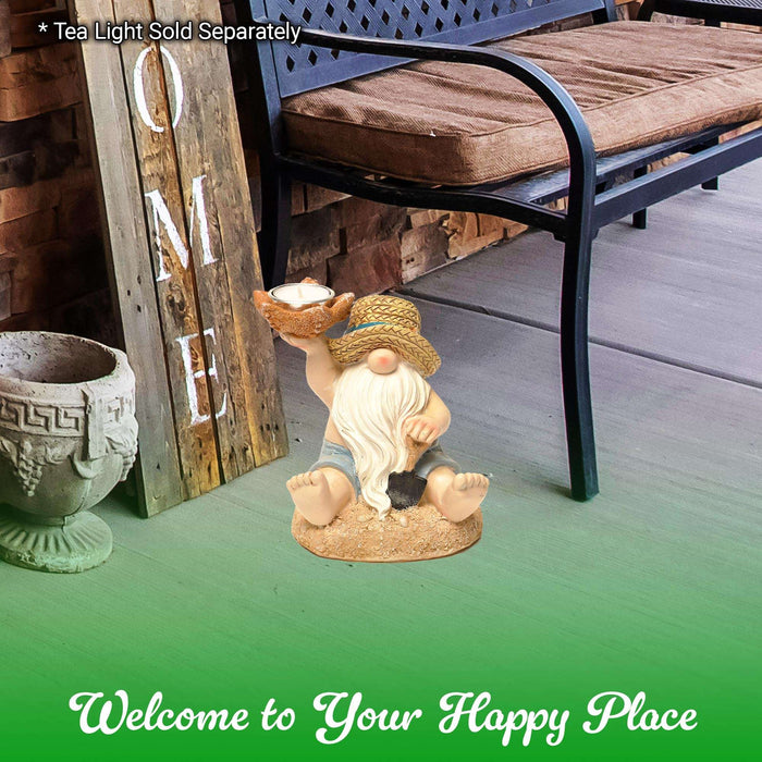 G128 Ocean Beach Gnome Statue | 7 Inch Summer Coastal Gnome Figurine with Starfish & Shovel, Yard Patio Lawn Backyard Outdoor Indoor Home Decoration