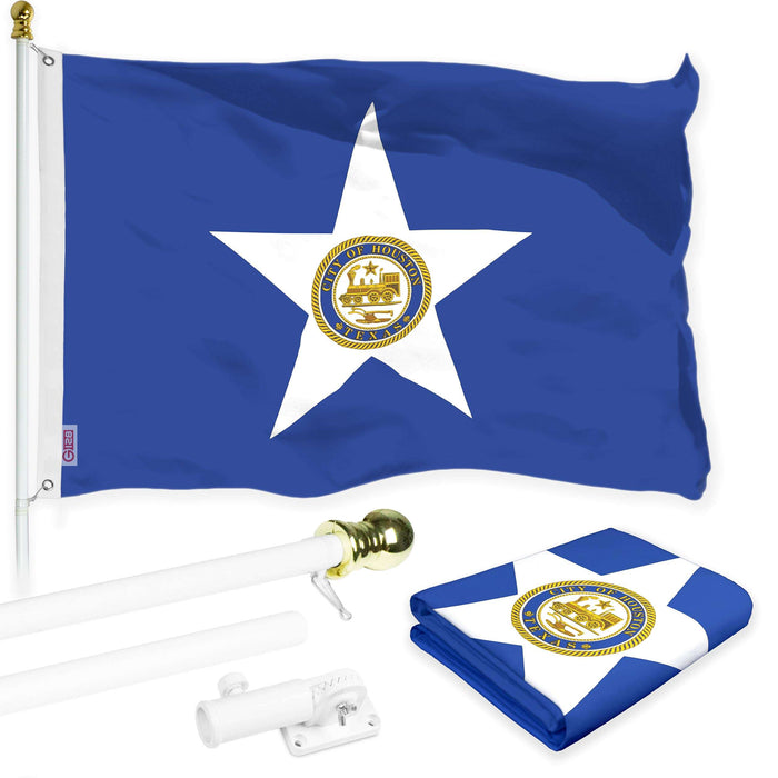 G128 Combo Pack: 6 Ft Twist Free Aluminum Spinning Flagpole (White) & Houston Flag | 3x5 Ft | LiteWeave Pro Series Printed 150D Polyester | Pole with Flag Included