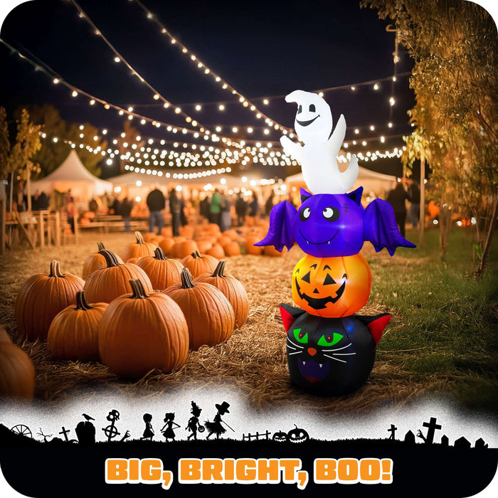 G128 6FT inflatable Halloween stack of a ghost, bat, pumpkin and black cat lit up on a lawn