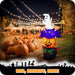 G128 6FT inflatable Halloween stack of a ghost, bat, pumpkin and black cat lit up on a lawn