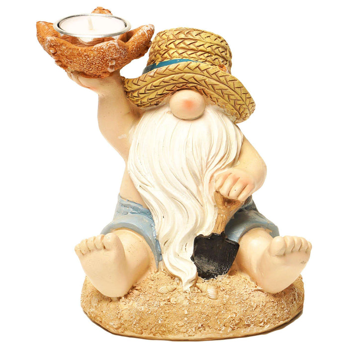 G128 Ocean Beach Gnome Statue | 7 Inch Summer Coastal Gnome Figurine with Starfish & Shovel, Yard Patio Lawn Backyard Outdoor Indoor Home Decoration