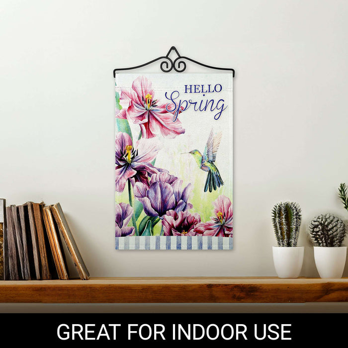 G128 Combo Pack Garden Flag Hanger 14IN & Garden Flag Hello Spring Hummingbird Flowers Printed 12x18IN Double Sided