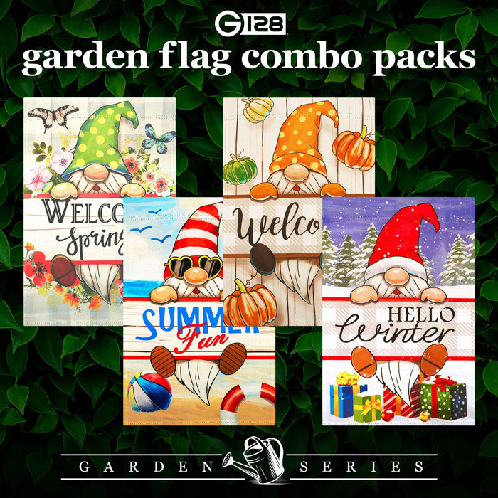 G128 Whimsical Wonders Holiday Gnome Garden Flag Set 4 Pack - Double Sided 12x18 Inch - Festive Welcome Yard Decorations for Outdoor Garden Lawn