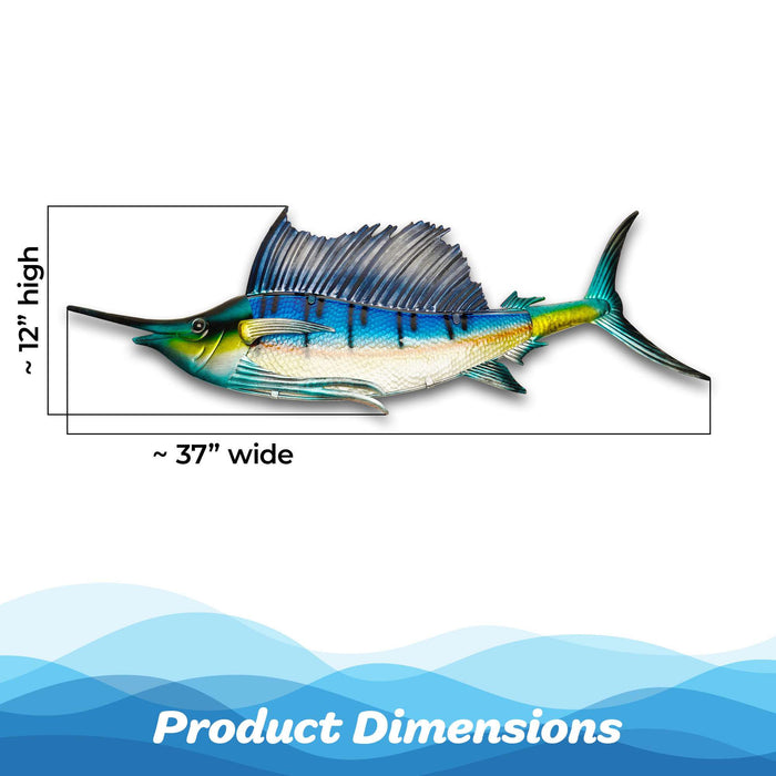 G128 36 in Metal Sailfish Wall Hanging Art Decor | Ocean Theme Art Wall Indoor Decoration for Kitchen, Living Room, Bedroom, Home Office