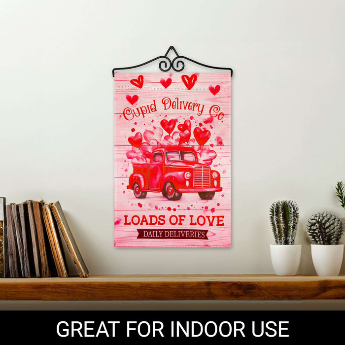 G128 Combo Pack Garden Flag Hanger 14IN & Garden Flag Valentine's Day Cupid Delivery Truck Printed 12x18IN Double Sided Yard Garden Lawn Decoration