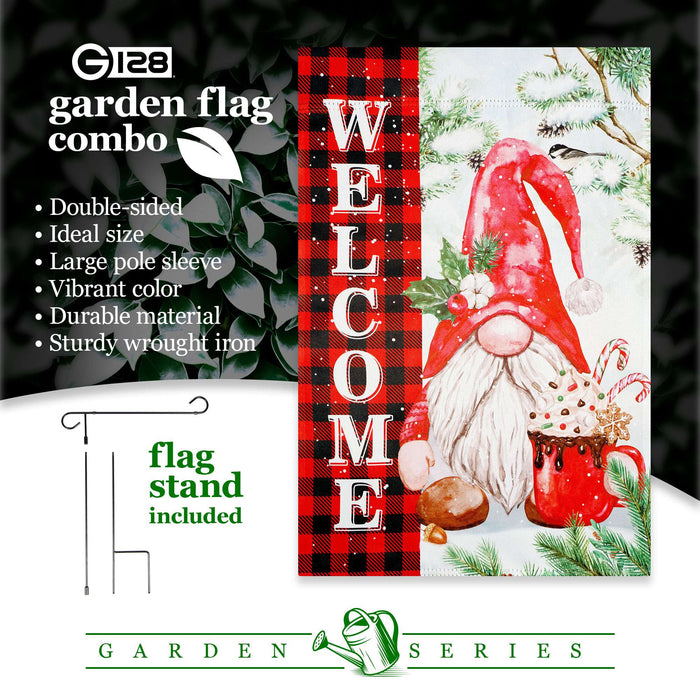 G128 36x16IN Garden Flag Stand & 12x18 Welcome Christmas Gnome Flag Kit