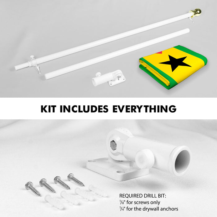 G128 Combo Pack: 6 Ft Twist Free Aluminum Spinning Flagpole (White) & Sao Tome and Principe Flag | 3x5 Ft | LiteWeave Pro Series Printed 150D Polyester | Pole with Flag Included