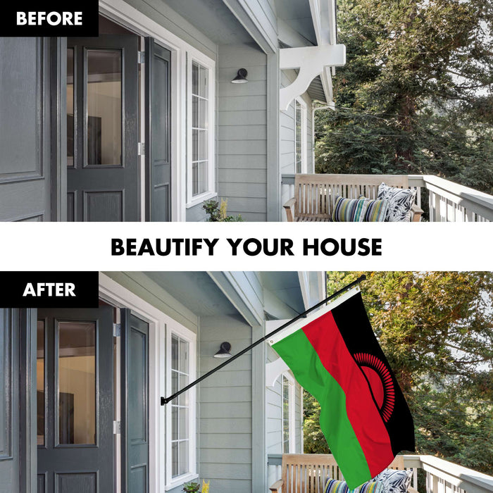 G128 Combo Pack: 6 Ft Twist Free Aluminum Spinning Flagpole (Black) & Malawi Flag | 3x5 Ft | LiteWeave Pro Series Printed 150D Polyester | Pole with Flag Included