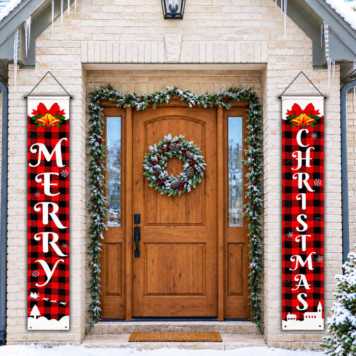 G128 Merry Christmas buffalo plaid door banners, 2 pack, 12 x 71 inch