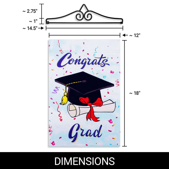G128 Combo Pack Garden Flag Hanger 14IN & Garden Flag Happy Graduation Congrats Cap Printed 12x18IN Double Sided