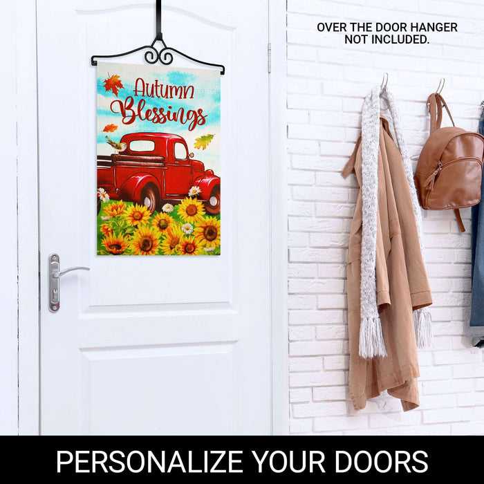 G128 12x18IN Autumn Blessings Red Truck Sunflower Garden Flag with 14IN Hanger