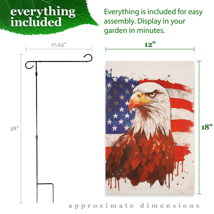 G128 Combo Pack Garden Flag Stand Black 36x16IN & Garden Flag Patriotic Bald Eagle Printed 12x18IN Double Sided Yard Garden Lawn Decoration