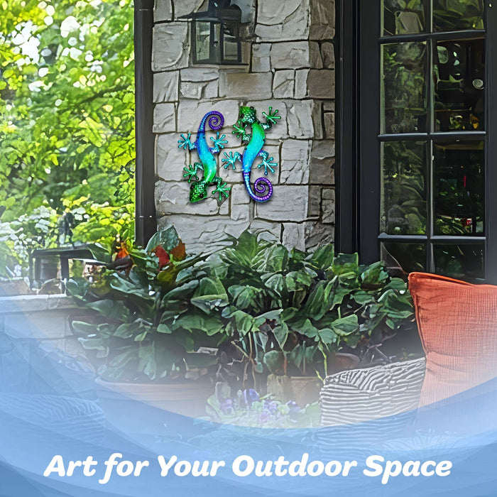 G128 Lizard Gecko Metal Wall Art Set | Green Blue Gecko Lizard Metal Indoor Outdoor Wall Art Hanging Decor for Bedroom, Living Room, Garden, Patio