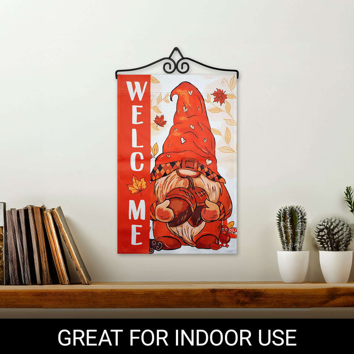G128 12x18IN Welcome Fall Gnome Acorn Garden Flag with 14IN Hanger