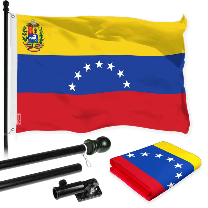 G128 Combo Pack: 6 Ft Twist Free Aluminum Spinning Flagpole (Black) & Venezuela 7 Stars Flag | 3x5 Ft | LiteWeave Pro Series Printed 150D Polyester | Pole with Flag Included