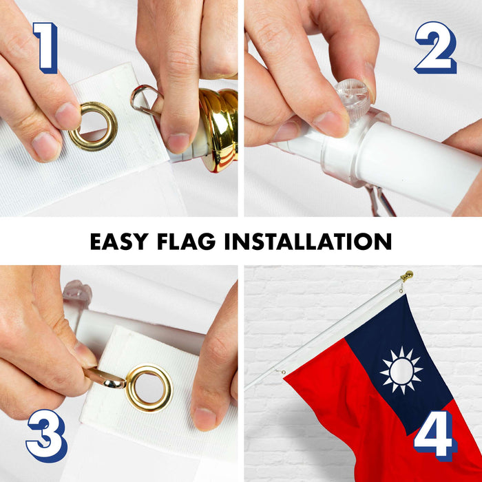 G128 Combo Pack: 5 Ft Twist Free Aluminum Spinning Flagpole (White) & Taiwan Taiwanese Flag | 2x3 Ft | LiteWeave Series Printed 100D Polyester | Pole with Flag Included