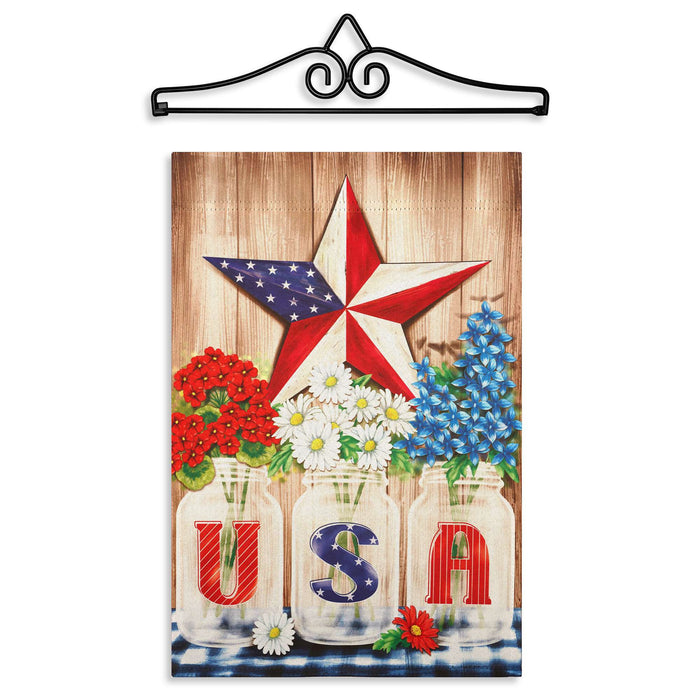 G128 Combo Pack Garden Flag Hanger 14IN & Garden Flag USA Star Flowers Printed 12x18IN Double Sided