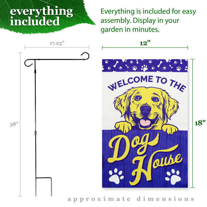 G128 Combo Pack: Garden Flag Stand Black 36x16IN & Garden Flag Welcome to the Dog House Yellow Labrador Printed 12x18IN Double Sided Yard Lawn Decoration