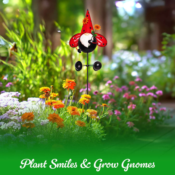 G128 Gnome Labybug Metal Yard Wind Spinner Stake | Outdoor 48 inch Gnome Statue Decorations 360 Degrees Swivel Wind Spinner for Patio Garden Backyard