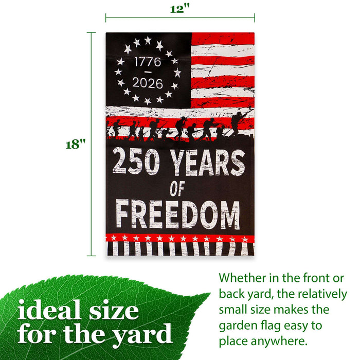 G128 USA 250th Anniversary Freedom Soldiers Garden Flag 12x18 In | Double Sided Printed Patriotic Yard Decoration | America 1776–2026 Celebration Flag for Lawn or Garden